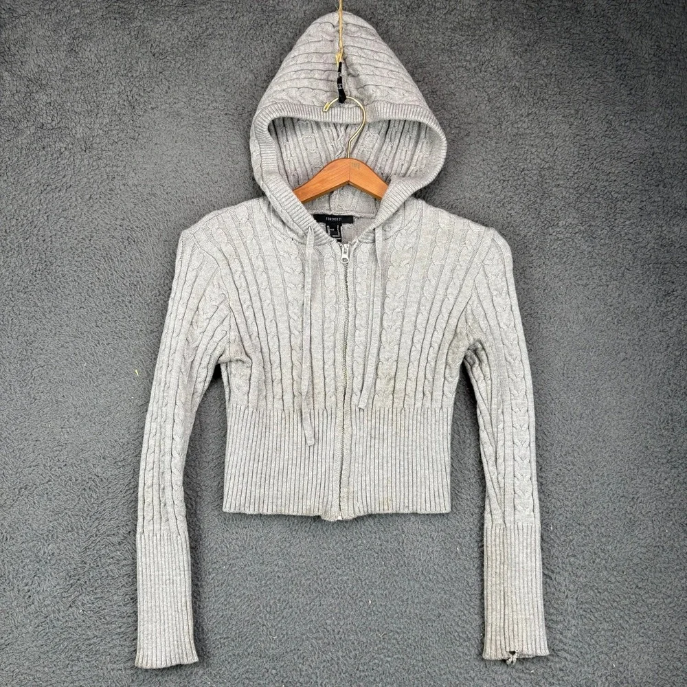 Forever 21 Kids Gray Cable Knit Zip Up Cropped Hoodie Sweater Size‎ Small